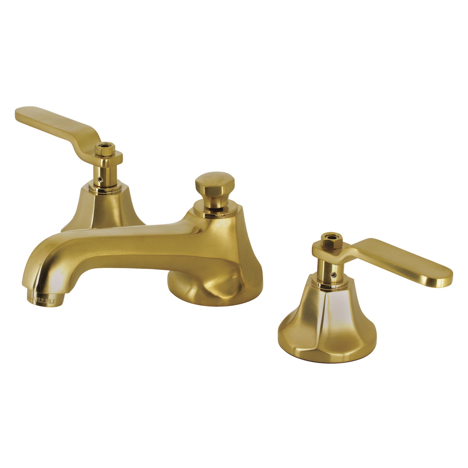 Kingston Heirloom KS4467KL - Whitaker Two-Handle 3-Hole Deck Mount Widespread Bathroom Faucet with Brass Pop-Up, Brushed Brass — image 1